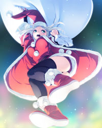 Rule 34 | 1girl, bad id, bad pixiv id, black thighhighs, blue eyes, boots, breasts, christmas, from below, fur boots, fur trim, hat, long hair, night, open mouth, original, red footwear, rezi, sack, santa boots, santa costume, santa hat, silver hair, snow, solo, thighhighs