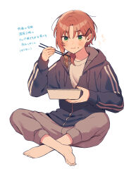 Rule 34 | 1boy, amagi hana, barefoot, blush, brown hair, chopsticks, eating, ensemble stars!, food, food on face, full body, green eyes, hair ornament, hairclip, highres, holding, holding chopsticks, holding food, hood, hoodie, indian style, long hair, long sleeves, male focus, noodles, pants, parted bangs, ponytail, sitting, smile, solo, translation request, tsukinaga leo