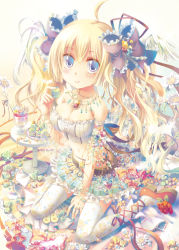 Rule 34 | 1girl, ahoge, ankle lace-up, bad id, bad pixiv id, blonde hair, blue eyes, breasts, candy, cleavage, cross-laced footwear, floral print, flower, food, from above, gold necklace, jewelry, large breasts, long hair, lots of jewelry, midriff, navel, necklace, original, patterned legwear, print thighhighs, shoes, sitting, solo, strapless, thighhighs, tube top, twintails, wariza, white thighhighs, yamadori yoshitomo
