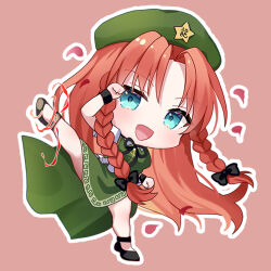 Rule 34 | 1girl, :d, aqua eyes, black bow, black footwear, black ribbon, blush, bow, braid, chibi, china dress, chinese clothes, commentary request, dress, floating clothes, floating hair, green dress, green headwear, hair bow, hong meiling, kicking, leg up, long hair, looking at viewer, neck ribbon, open mouth, orange hair, parted bangs, pink background, puffy short sleeves, puffy sleeves, ribbon, shirt, short sleeves, simple background, smile, solo, standing, standing on one leg, touhou, twin braids, usushio, very long hair, white shirt