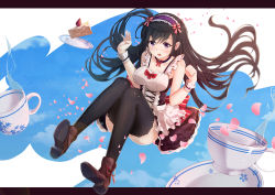 Rule 34 | 10s, 1girl, alternate costume, apron, black hair, black thighhighs, blue sky, blush, boots, breasts, brown footwear, byakuya reki, cake, cloud, cloudy sky, collar, collarbone, cup, enmaided, food, frilled apron, frills, hands up, hoshi nanami, idol memories, large breasts, legs, letterboxed, long hair, maid, maid headdress, parted lips, petals, plate, purple eyes, sky, solo, teacup, teeth, thighhighs, thighs, very long hair