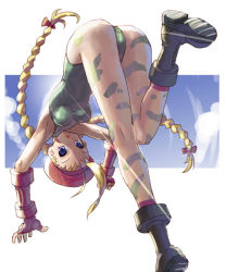 Rule 34 | 1girl, ass, beret, blonde hair, blue eyes, boots, braid, breasts, cammy white, capcom, fingerless gloves, gloves, hat, katahira masashi, large breasts, leotard, solo, street fighter, twin braids, upside-down