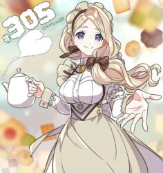 Rule 34 | 1girl, alternate costume, blonde hair, blue eyes, bow, closed mouth, cookie, dress, fire emblem, fire emblem: three houses, fire emblem heroes, food, frills, hair bow, highres, holding, holding teapot, juria0801, long sleeves, looking at viewer, maid headdress, mercedes von martritz, mercedes von martritz (tea party), nintendo, official alternate costume, open hand, reaching, reaching towards viewer, side ponytail, teapot, twitter username
