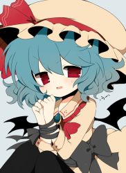 Rule 34 | 1girl, bad id, bad pixiv id, bat wings, bdsm, black pantyhose, black wings, blue hair, blush, bondage, bound, bound wrists, bow, female focus, haru (kyou), hat, looking at viewer, open mouth, pantyhose, red eyes, remilia scarlet, short hair, simple background, solo, sweatdrop, touhou, wavy mouth, wings