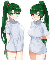 Rule 34 | 1girl, absurdres, blush, bottomless, breasts, commentary, earrings, english commentary, female focus, fire emblem, fire emblem: the blazing blade, green eyes, green hair, high ponytail, highres, jewelry, long hair, looking at viewer, lyn (fire emblem), matching hair/eyes, medium breasts, meme, multiple views, nintendo, ormille, pajamas challenge, ponytail, shirt, simple background, t-shirt, turtleneck, very long hair, white background