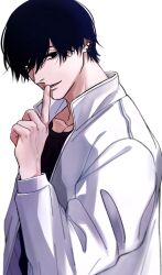 Rule 34 | 1boy, black hair, black shirt, chainsaw man, ear piercing, finger to mouth, highres, jacket, looking at viewer, mole, mole under mouth, multiple piercings, piercing, shirt, short hair, shushing, simple background, siraco (sira5 3), solo, white background, white jacket, yoshida hirofumi