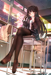 Rule 34 | 1girl, absurdres, black hair, black jacket, black pantyhose, black skirt, blunt bangs, bow, brown eyes, cabinet, cardigan, unworn cardigan, ceiling, chair, chalkboard, cherry blossoms, collared shirt, crossed legs, desk, unworn footwear, hand in own hair, hand on own chin, highres, hime cut, hiragi ringo, indoors, jacket, light smile, long hair, on desk, original, pantyhose, paper, parted lips, petals, plaid, plaid skirt, pleated skirt, railing, red bow, school, school chair, school desk, school uniform, shirt, sidelocks, sitting, on desk, skirt, solo, two side up, white shirt, window