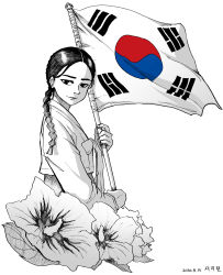 Rule 34 | 1girl, absurdres, braid, commentary request, dated, flag, flagpole, flower, greyscale, hanbok, highres, holding, holding flag, korea, korean clothes, mixed-language commentary, monochrome, original, partial commentary, rose of sharon, simple background, single braid, solo, south korea, south korean flag, tryvor, white background