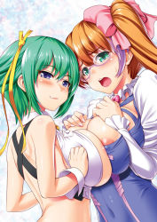 Rule 34 | 10s, 2girls, :3, aquarion (series), aquarion evol, areola slip, blue eyes, blush, bow, breast hold, breast press, breast suppress, breasts, brown hair, covered erect nipples, covered navel, female focus, glasses, green eyes, green hair, hair bow, hair ribbon, huge breasts, kawase seiki, long hair, looking at viewer, magatama, midriff, mix (aquarion), multicolored hair, multiple girls, naughty face, nipple slip, nipples, open clothes, open mouth, open shirt, orange hair, ponytail, puffy sleeves, purple hair, ribbon, shirt, short hair, side ponytail, smile, sweatdrop, symmetrical docking, wrist cuffs, zessica wong