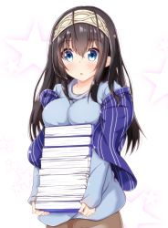 Rule 34 | 10s, 1girl, :o, black hair, blue eyes, blush, book, book stack, breast rest, breasts, carried breast rest, carrying, commentary request, hairband, highres, holding, holding book, idolmaster, idolmaster cinderella girls, jewelry, large breasts, long hair, looking at viewer, niku114514810, pendant, sagisawa fumika, shawl, simple background, star (symbol), starry background, sweater