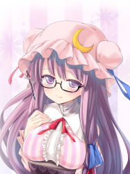 Rule 34 | 1girl, bad id, bad pixiv id, bespectacled, blush, book, breasts, crescent, double bun, female focus, glasses, hair ribbon, hat, hat ribbon, large breasts, long hair, numako, patchouli knowledge, purple eyes, purple hair, ribbon, solo, striped, touhou, translation request, upper body, vertical stripes