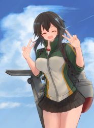 Rule 34 | 1girl, ^ ^, absurdres, black hair, black skirt, closed eyes, double v, closed eyes, facing viewer, gym shirt, hayasui (kancolle), highres, jacket, kamome donburi, kantai collection, machinery, miniskirt, open mouth, pleated skirt, shirt, short hair, skirt, solo, thighs, track jacket, v