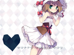 Rule 34 | 1girl, bare shoulders, belt, blush, bow, brown hair, cropped legs, dress, flat chest, frilled dress, frills, gloves, green eyes, hat, heart, looking at viewer, original, rugo, short hair, solo, white day, white dress, white gloves, white hat