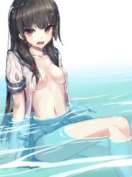 Rule 34 | 1girl, black hair, breasts, hair ribbon, isokaze (kancolle), kantai collection, long hair, looking at viewer, medium breasts, navel, no bra, open clothes, open mouth, partially submerged, pleated skirt, red eyes, ribbon, school uniform, serafuku, short sleeves, skirt, solo, tenrai, tress ribbon, wet, wet clothes