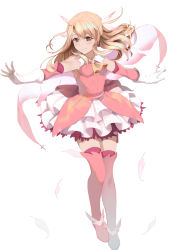 Rule 34 | 1girl, blonde hair, boots, brown eyes, detached sleeves, fate/kaleid liner prisma illya, fate (series), feather hair ornament, feathers, floating hair, full body, gloves, hair between eyes, hair ornament, highres, layered skirt, long hair, miniskirt, outstretched arms, pink feather, pink feathers, pink footwear, pink thighhighs, prisma illya, simple background, skirt, smile, solo, standing, thigh boots, thighhighs, white background, white gloves, white skirt, yonago miko