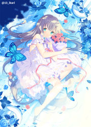 Rule 34 | 1girl, animal, bare shoulders, barefoot, blue eyes, blue flower, blue rose, blurry, blurry foreground, bouquet, bug, butterfly, commentary request, crescent, depth of field, dress, flower, from above, full body, grey hair, highres, ikari (aor3507), insect, long hair, looking at viewer, looking up, lying, on side, original, pink flower, pink rose, rose, shallow water, sleeveless, sleeveless dress, solo, twitter username, very long hair, water, white dress