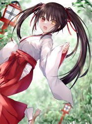 Rule 34 | 1girl, :d, alternate costume, asle, asymmetrical hair, black hair, blurry, blurry background, breasts, clock eyes, commentary request, date a live, depth of field, dutch angle, hair ribbon, hakama, hakama skirt, heterochromia, japanese clothes, kimono, long hair, looking at viewer, miko, open mouth, red eyes, red hakama, red ribbon, ribbon, sidelocks, skirt, slippers, smile, solo, standing, standing on one leg, symbol-shaped pupils, tokisaki kurumi, twintails, white kimono, wide sleeves, yellow eyes