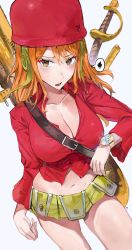 Rule 34 | 1girl, absurdres, breasts, brown eyes, cleavage, collarbone, helmet, highres, large breasts, long hair, miniskirt, nami (one piece), navel, odyssey 21, one piece, one piece film: z, open mouth, orange hair, red shirt, shirt, simple background, skirt, sweat, thighs, weapon, white background