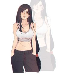 Rule 34 | 1girl, bare shoulders, black hair, breasts, casual, cleavage, collarbone, crop top, earrings, eyebrows hidden by hair, final fantasy, final fantasy vii, final fantasy vii remake, hands in pockets, highres, jewelry, large breasts, lips, long hair, looking at viewer, low-tied long hair, midriff, pants, pudelmudel, red eyes, solo, square enix, tank top, tifa lockhart, white background