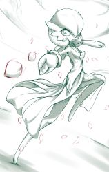 Rule 34 | 1girl, arms up, bracelet, breasts, capelet, clenched teeth, cloud, creatures (company), dutch angle, fang, female focus, fighting stance, full body, game freak, gardevoir, gen 3 pokemon, hair over one eye, highres, jewelry, junjie-oyan, leg up, looking at viewer, monochrome, nintendo, outdoors, outstretched arm, petals, pokemon, pokemon (creature), short hair, sketch, sky, small breasts, solo, standing, standing on one leg, teeth, white background