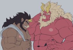 Rule 34 | 2boys, abs, bara, beard, black nails, blank eyes, body fur, brothers, clenched teeth, colored skin, curled horns, dark-skinned male, dark skin, demon boy, demon horns, facial hair, flat color, furry, furry male, gardie (otsukimi), highres, horns, huge eyebrows, infel (otsukimi), jewelry, large hands, large pectorals, lion hair, long hair, looking at penis, looking down, male focus, mature male, multiple boys, muscular, muscular male, navel, necklace, nervous sweating, nipples, nude, original, otsukimi, out-of-frame censoring, pectorals, penis size difference, red skin, siblings, stomach, sweat, teeth, thick eyebrows, towel on one shoulder, tusks, upper body