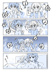 Rule 34 | &gt; &lt;, 2girls, 4koma, :3, arm around shoulder, beamed eighth notes, blush, comic, commentary request, cup, eighth note, closed eyes, flying sweatdrops, full-face blush, hair down, holding, holding cup, looking at another, multiple girls, musical note, original, ponytail, short sleeves, silent comic, sleeping, sleeveless, sodapop (iemaki), spoken musical note, sweat, twintails, upper body, wristband, yuri