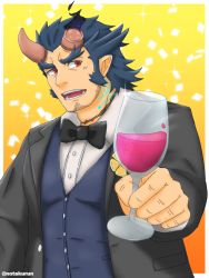Rule 34 | 1boy, bara, beard, black bow, black bowtie, blue hair, blue vest, bow, bowtie, broken horn, cup, dark blue hair, demon boy, demon horns, drinking glass, facial hair, formal, grey suit, horns, incoming drink, long sideburns, male focus, mature male, muscular, muscular male, notakurun, official alternate costume, scar, scar on neck, short hair, sideburns, solo, stubble, suit, takemaru (housamo), thick eyebrows, tokyo houkago summoners, vest, wine glass