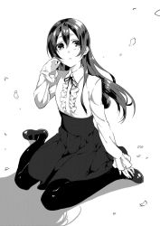 Rule 34 | 1girl, bad id, bad twitter id, black pantyhose, center frills, commentary request, frills, greyscale, hair between eyes, hand on own face, jewelry, long hair, long skirt, long sleeves, looking up, love live!, love live! school idol project, meme attire, monochrome, necklace, pantyhose, petals, simple background, sitting, skirt, solo, sonoda umi, wariza, yomotsuka tsukasa