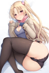 Rule 34 | 1girl, ass, azur lane, beige coat, black panties, black pantyhose, blonde hair, blue gloves, blush, breasts, breath, cleavage, cleavage cutout, cleveland (azur lane), clothes pull, clothing cutout, coat, covered erect nipples, fingerless gloves, gloves, hair bobbles, hair ornament, hand on own chest, jewelry, lace, lace-trimmed panties, lace trim, long hair, long sleeves, looking at viewer, lying, medium breasts, no pants, on side, one side up, open clothes, open coat, panties, pantyhose, pantyhose pull, parted bangs, partially visible vulva, pink scarf, purple sweater, red eyes, ribbed sweater, ring, sayika, scarf, skirt, smile, solo, sweater, thighs, underwear, wedding band