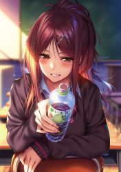 Rule 34 | 1girl, absurdres, blurry, blurry background, blush, bottle, chalkboard, classroom, desk, drink, fingernails, hair ornament, hanikami kanojo, highres, holding, indoors, light particles, lips, long hair, long sleeves, looking at viewer, myouga satsuki, parted lips, piromizu, scan, school desk, school uniform, sitting, sitting backwards, sleeves past wrists, smile, solo, sweater, upper body, x hair ornament