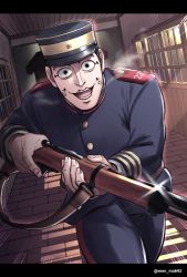 Rule 34 | 1boy, :d, black eyes, black hair, facepaint, glint, golden kamuy, gun, hat, highres, holding, holding gun, holding weapon, imperial japanese army, indoors, long sleeves, looking at viewer, male focus, menma kozo, military, military hat, military uniform, mole, open mouth, rifle, running, smile, solo, twitter username, uniform, usami tokishige, weapon