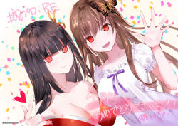 Rule 34 | 2girls, :d, anniversary, bare shoulders, blunt bangs, breasts, butterfly hair ornament, cleavage, commentary request, confetti, copyright notice, dress, dutch angle, hair ornament, heart, japanese clothes, kimono, large breasts, looking at viewer, multiple girls, official art, open mouth, oshiro project:re, oshiro project:re, pointing, red eyes, red kimono, second-party source, signature, smile, tachibanayama (oshiro project), upper body, white dress, yuuki kira