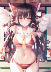 Rule 34 | 1girl, arms up, bikini, blush, bow, bra, breasts, brown eyes, brown hair, commentary request, detached collar, hair between eyes, hair bow, hakurei reimu, highres, indoors, japanese clothes, kimono, liya, long hair, looking at viewer, medium breasts, miko, navel, panties, parted lips, red bra, red panties, side-tie bikini bottom, solo, standing, stomach, swimsuit, tatami, thigh gap, touhou, underboob, underwear, white kimono