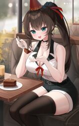 Rule 34 | 1girl, absurdres, belt, black collar, black shorts, black thighhighs, blue eyes, blush, breasts, brown hair, bubble tea, cake, cake slice, candle, cleavage, collar, collarbone, commission, female commander (girls&#039; frontline), food, fork, girls&#039; frontline, hands up, hat, highres, holding, holding fork, indoors, large breasts, long hair, looking at viewer, open mouth, original, party hat, ponytail, red ribbon, ribbon, rynzfrancis, shirt, shirt tucked in, short shorts, shorts, sidelocks, sitting, sleeveless, sleeveless shirt, solo, termichan (not-a-bot), thighhighs, twitter username, white shirt