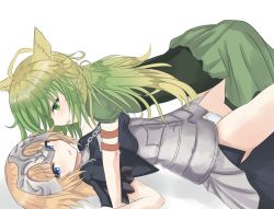 Rule 34 | 2girls, animal ears, armor, atalanta (fate), blonde hair, blue eyes, cat ears, fate/apocrypha, fate (series), girl on top, green eyes, green hair, headpiece, jeanne d&#039;arc (fate), jeanne d&#039;arc (ruler) (fate), kesoshirou, long hair, looking at another, looking away, lying, multiple girls, no pants, on back, open mouth, panties, simple background, skirt, underwear, white background, white panties, yuri