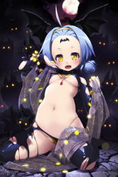 Rule 34 | 1girl, bat (animal), breasts, dog, dress, fang, flat chest, glowing, glowing eyes, hairband, kata flina, len (a-7), lowres, nipples, no bra, nude, pectorals, puppy, short hair, small breasts, solo, sword girls, tattoo, torn clothes, vampire, yellow eyes