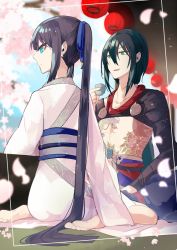 Rule 34 | 1boy, 1girl, alcohol, barefoot, black hair, blue sky, cherry blossoms, choko (cup), commentary request, cup, falling petals, fate/grand order, fate (series), from behind, green eyes, hair between eyes, hanami, holding, holding cup, japanese clothes, jing ke (fate), kimono, lantern, long hair, looking at another, looking to the side, obi, obijime, open mouth, outdoors, paper lantern, petals, ponytail, sake, sash, shrug (clothing), sidelocks, sitting, sky, smile, tattoo, ugetsu (chimere/marie), wariza, white kimono, yan qing (fate)