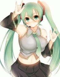 Rule 34 | 1girl, alternate breast size, aqua hair, bad id, bad twitter id, bare shoulders, blush, breasts, detached sleeves, facominn, female focus, green eyes, grin, hatsune miku, highres, huge breasts, large breasts, long hair, looking at viewer, midriff, navel, simple background, skin tight, smile, solo, twintails, very long hair, vocaloid, white background