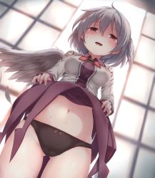 Rule 34 | 1girl, :d, ahoge, black panties, blush, bow, bow panties, bowtie, breasts, brooch, clothes lift, commentary request, cowboy shot, dress, dress lift, dutch angle, feathered wings, from below, gluteal fold, grey jacket, groin, hair between eyes, highres, indoors, jacket, jewelry, kishin sagume, kuro (baseball0000), lifted by self, long sleeves, medium breasts, navel, open clothes, open jacket, open mouth, panties, purple dress, red bow, red bowtie, red eyes, short hair, silver hair, single wing, smile, solo, standing, stomach, thighs, touhou, underwear, wings