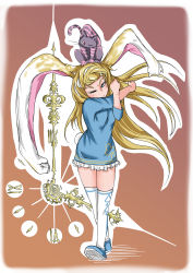 Rule 34 | 1girl, absurdres, alice (alice in wonderland), alice in wonderland, animal ears, blonde hair, blue dress, blue eyes, blue footwear, brown background, cheshire cat (alice in wonderland), clock hands, doitsuken, dress, gradient background, highres, long hair, looking at viewer, medium sleeves, one eye closed, rabbit ears, rabbit tail, solo, striped, tail, thighhighs, walking, white thighhighs