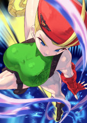 Rule 34 | 1girl, blonde hair, blue eyes, boots, breasts, cammy white, capcom, fingerless gloves, gloves, hat, highres, large breasts, leotard, looking down, sleeveless, street fighter, yagi2013