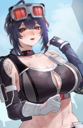 Rule 34 | 1girl, absurdres, ahoge, arm pouch, arm warmers, asymmetrical gloves, black choker, black gloves, black hair, black sports bra, blue sky, blush, breasts, choker, cleavage, cloud, collarbone, commentary, cowboy shot, day, elbow gloves, fingerless gloves, fishnet gloves, fishnets, gloves, goggles, goggles on head, grace howard, groin, hair between eyes, hand up, highres, large breasts, long hair, looking at viewer, midriff, mismatched gloves, navel, open mouth, outdoors, pickel (ddtt8858), red eyes, shoulder tattoo, sidelocks, single bare shoulder, single elbow glove, single fingerless glove, sky, solo, sports bra, standing, sweat, tattoo, unzipping, white gloves, zenless zone zero, zipper, zipper pull tab