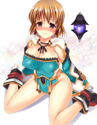 Rule 34 | 1girl, blush, breasts, brown hair, character request, cleavage, fantasy earth zero, large breasts, legs, long sleeves, mofumofu (lorelei), red eyes, short hair, smile, solo