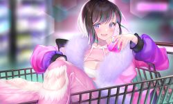 Rule 34 | 1girl, :d, absurdres, aqua hair, black hair, blue nails, blurry, blurry background, blush, breasts, cleavage, commentary, english commentary, highres, in shopping cart, indoors, jacket, long sleeves, multicolored hair, nail polish, open mouth, original, pants, pink jacket, pink pants, purple eyes, shopping cart, sitting, smile, solo, streaked hair, two-tone hair, uosaasou
