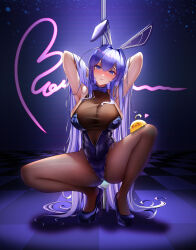 Rule 34 | 1girl, absurdres, animal ears, armpits, arms behind head, ass, azur lane, blue eyes, blue hair, blue leotard, bodystocking, bow, bowtie, breasts, checkered floor, cleavage, dancer, groin, halterneck, heart, high heels, highres, large breasts, legs, leotard, long hair, looking at viewer, manjuu (azur lane), navel, new jersey (azur lane), new jersey (exhilarating steps!) (azur lane), official alternate costume, pantyhose, playboy bunny, pole, rabbit ears, seductive smile, see-through, see-through cleavage, skindentation, sky wbo, smile, solo, spread legs, squatting, stripper, stripper pole, thick thighs, thighs, undersized clothes, very long hair