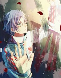 Rule 34 | 1boy, blood, blue eyes, blue hair, blue jacket, collar x malice, facing to the side, glasses, hand on glass, jacket, long sleeves, male focus, multicolored clothes, multicolored jacket, parted lips, roman numeral, sera akito, short hair, solo, spoilers, sutal, teeth, unhappy, white jacket