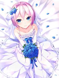 Rule 34 | 1girl, blue eyes, blue flower, blue rose, blush, bouquet, buttons, closed mouth, collarbone, dress, elbow gloves, flower, gloves, hair between eyes, hikobae, kantai collection, petals, pink hair, ponytail, rose, rose petals, shiranui (kancolle), short hair, solo, wedding dress, white dress, white gloves