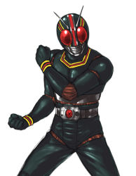 Rule 34 | 1boy, antennae, bad id, bad pixiv id, belt, bodysuit, buckle, clenched hands, fighting stance, kamen rider, kamen rider black, kamen rider black (series), looking at viewer, male focus, rokko, simple background, solo, standing, white background
