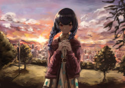 Rule 34 | 1girl, :|, absurdres, belt, belt buckle, bird, blue hair, blush, braid, brown belt, buckle, city, closed mouth, cloud, commentary, cowboy shot, dress, dusk, expressionless, foliage, green dress, hair between eyes, hair ornament, hairclip, highres, huge filesize, idolmaster, idolmaster shiny colors, jacket, k6tetsu, lamppost, light blush, long hair, looking at viewer, morino rinze, own hands clasped, own hands together, park, red eyes, red jacket, shaded face, solo, sun, sunset, tree, twin braids, two-tone dress, yellow dress