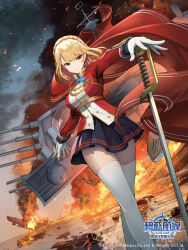 1girl adapted_turret aiguillette azur_lane battle blonde_hair blush braid breasts cannon crown_braid earrings fire hair_ornament highres jewelry large_breasts looking_at_viewer machinery mast military_uniform pinakes prince_of_wales_(azur_lane) red_eyes rigging saber_(weapon) short_hair smile smokestack standing standing_on_liquid sword thighhighs turret union_jack weapon white_thighhighs